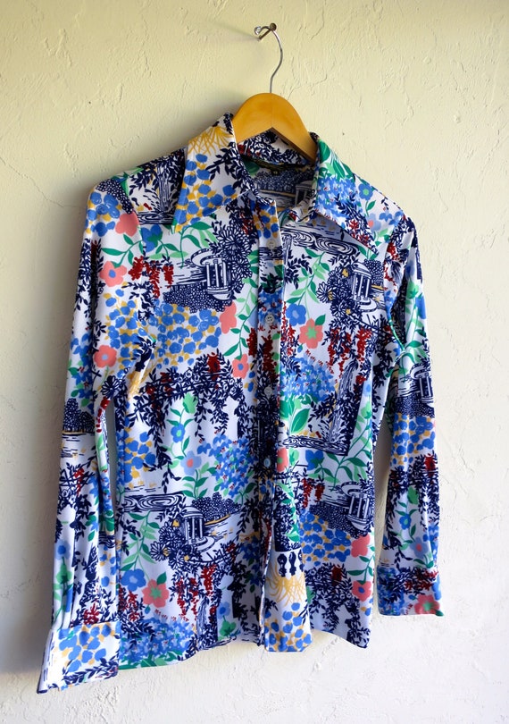 Blue Floral Print Retro Vintage 70s Button Up Shir