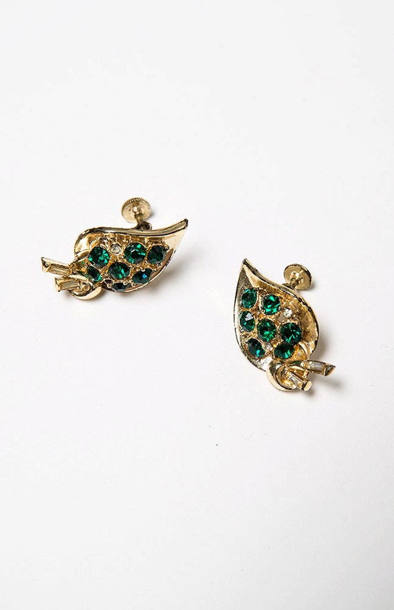 Gold Plated Green Stone Vintage Clip On Earrings C