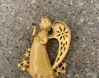Estarl 2003-2006 Gold Tone Yellow Sparkly Dress Angel Holding Candle Christmas Holiday Vintage Brooch Pin