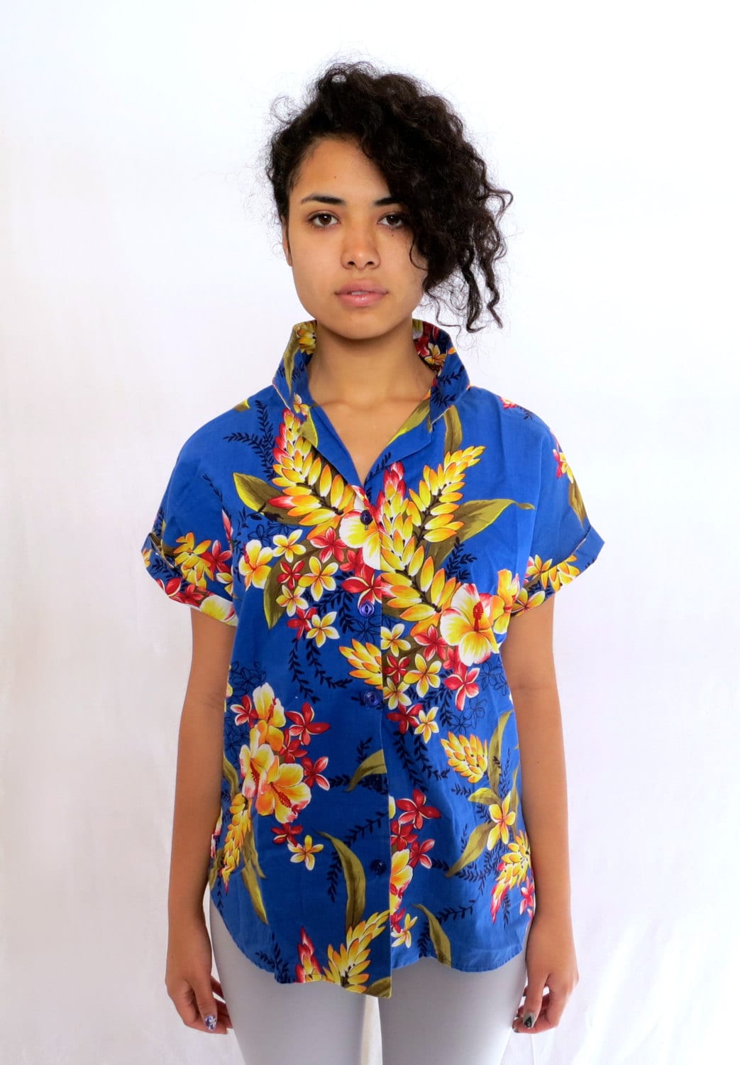 Blue and Yellow Vintage Hawaiian Print Tshirt Blouse - Etsy