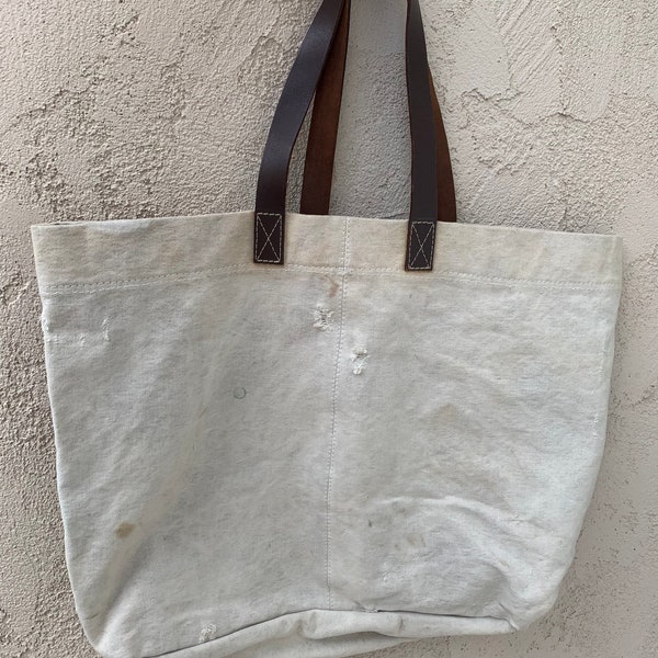 Beige Mailbag Canvas Vintage Tote Bag Overnight Bag