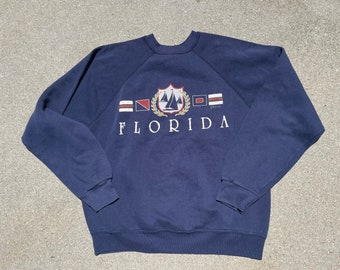 Florida Navy Blue Nautical Sailboat Coastal Cotton Poly 50/50 Vintage Crewneck Sweatshirt