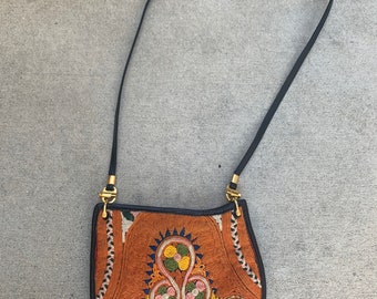 Albano Black Leather Colorful Embroidered Vintage Crossbody Bag Purse