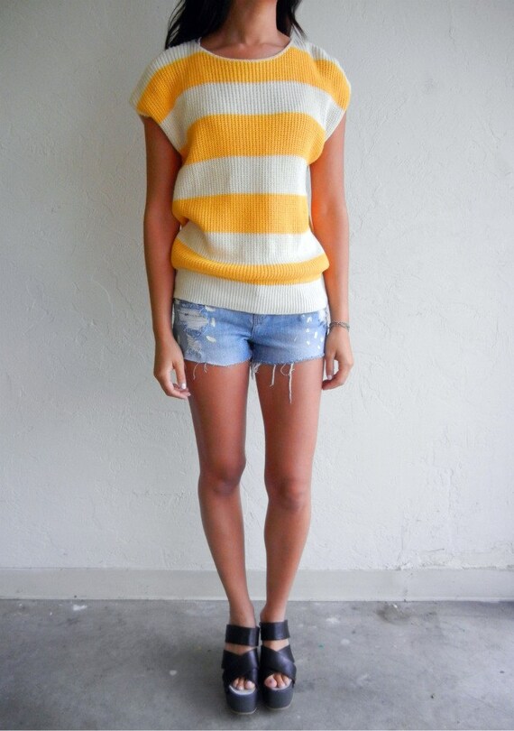 Yellow & Beige Striped Knit Vintage Cap Sleeved T… - image 1