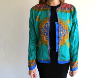 Green Retro Asian-Inspired Silk Vintage Blazer Jacket