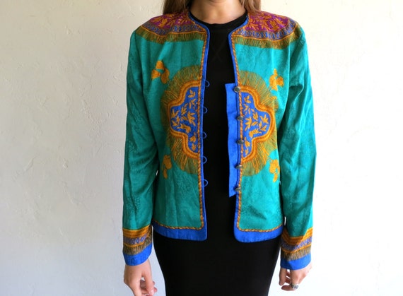 Green Retro Asian-Inspired Silk Vintage Blazer Ja… - image 1