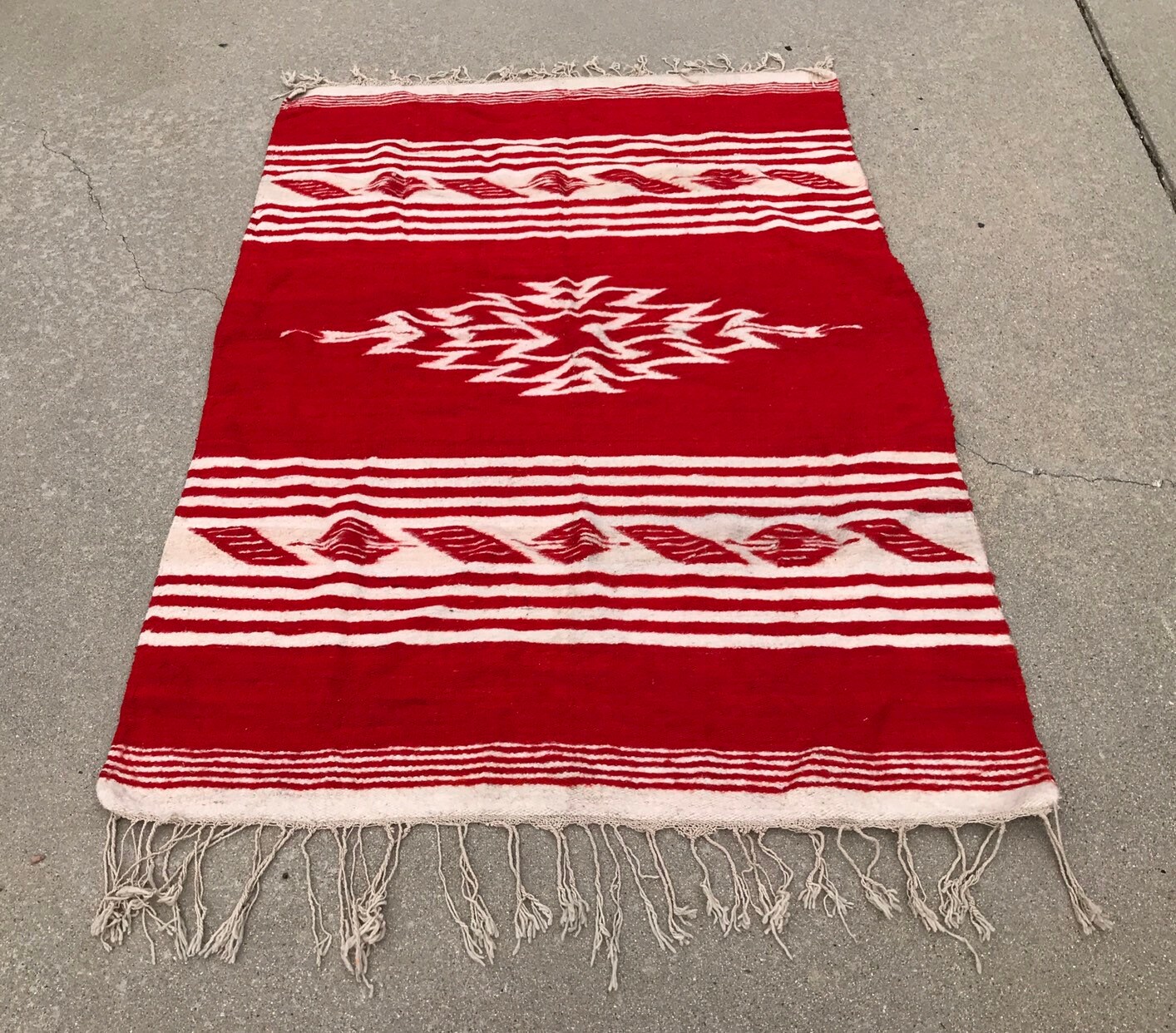 Vintage Vibrant Red and Beige Mexican Aztec Wool Blanket Rug | Etsy
