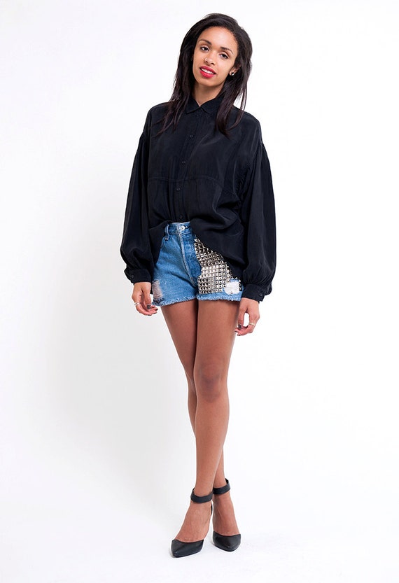 Black Balloon Sleeve Vintage Button Up Shirt Blou… - image 2