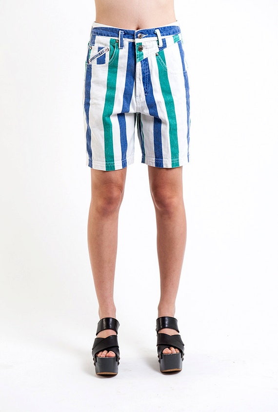 Vintage Green & Blue Sailor Stripe Shorts Size 26 - image 3