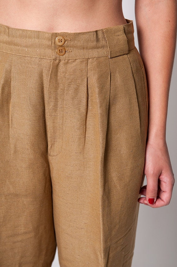Linen Tan Vintage High Waisted Trouser Pants - image 4