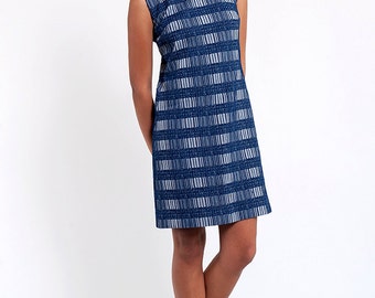 Navy Blue Stripes Grid Vintage Sleeveless Shift Dress