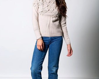 The Vintage Beige Wool Flower Sweater