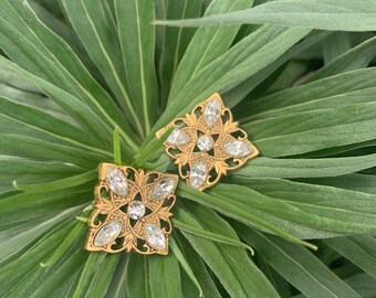 Gold Plated Square Rhinestone Vintage Earrings
