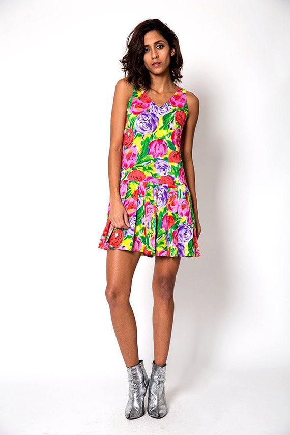 Colorful Floral Print Pleat Sleeveless Vintage Dre