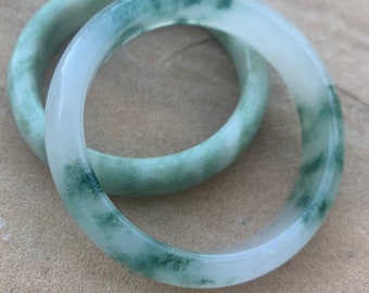Green Spotted And Clear Chinese Jade Bangle Vintage Bracelet Duo