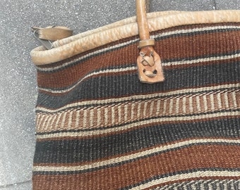 Jute Striped Taupe Leather Strap Vintage Shoulder Bag Purse