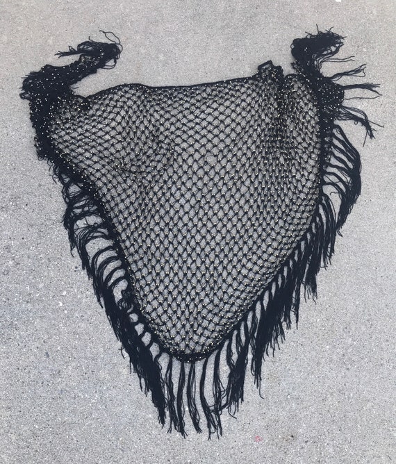 Black Mesh Gold Beaded Vintage Gypsy Scarf Cover … - image 3