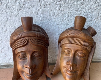 Wood Carved Face African Tribal Vintage Doorstop Bookends