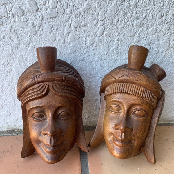 Wood Carved Face African Tribal Vintage Doorstop Bookends