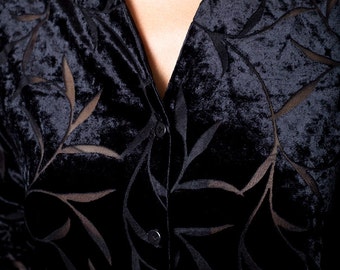 Black Velvet Leaf Print Burnout Button Up Vintage Blouse Top