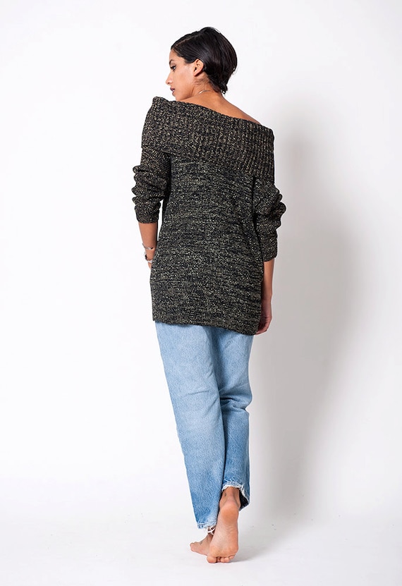 Metallic Black Holiday Off The Shoulder Knit Vint… - image 4