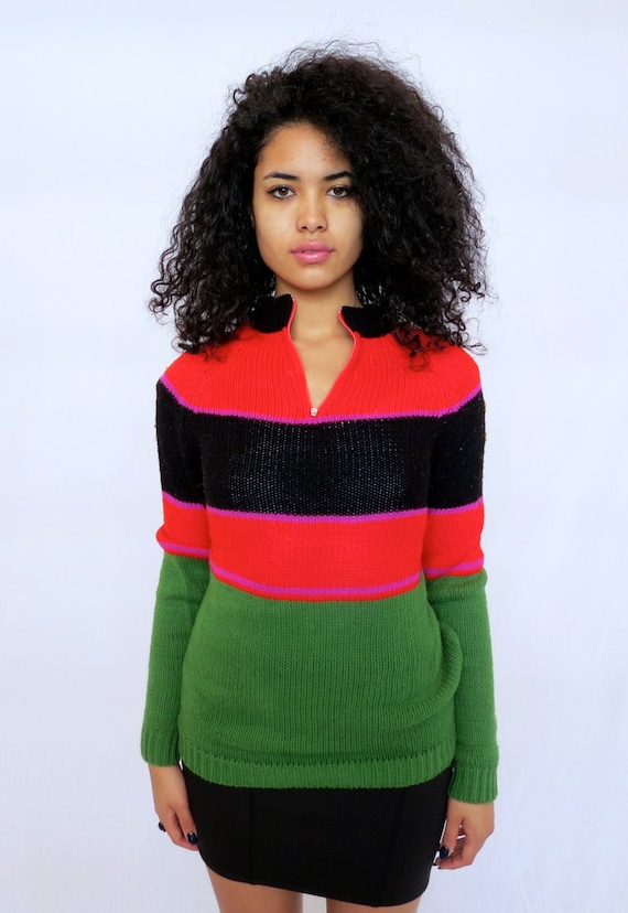 Striped Colorful Pink Black Warm Vintage Pullover 