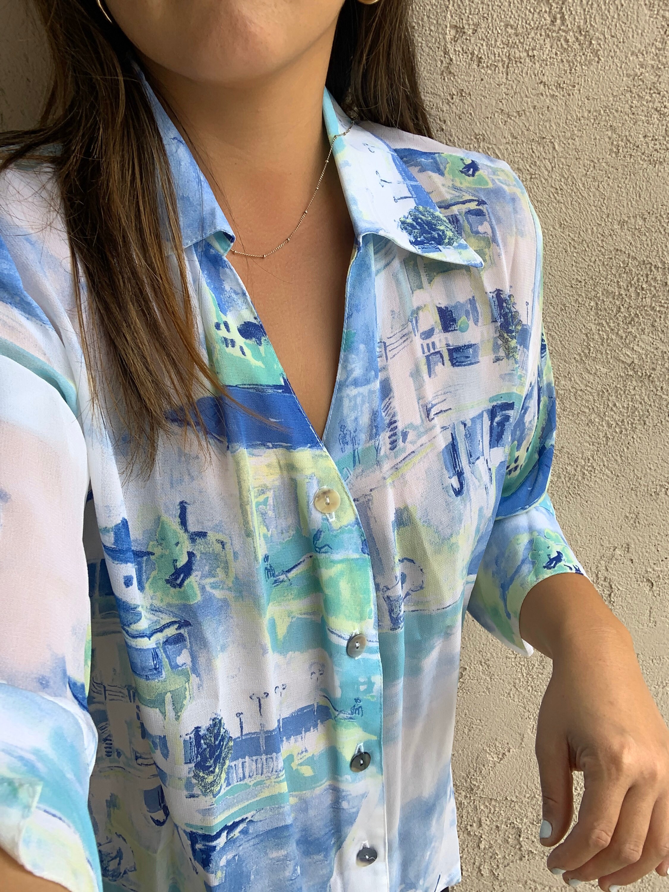 Blue Sheer Outdoor Miami Print Button 