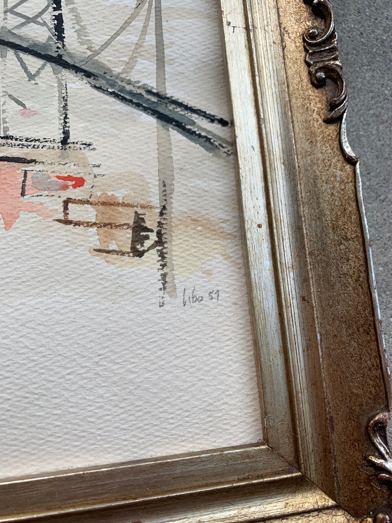 Libo 1957 Signed Vintage Bridge Metropolitan City Cityscape Watercolor 10.5x 12.5