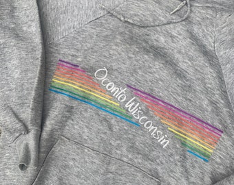 Oconto Wisconsin Rainbow Stripe Heather Gray 50/50 Hooded Hoodie 1980s Raglan Sweatshirt