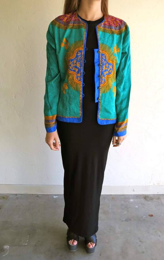 Green Retro Asian-Inspired Silk Vintage Blazer Ja… - image 2