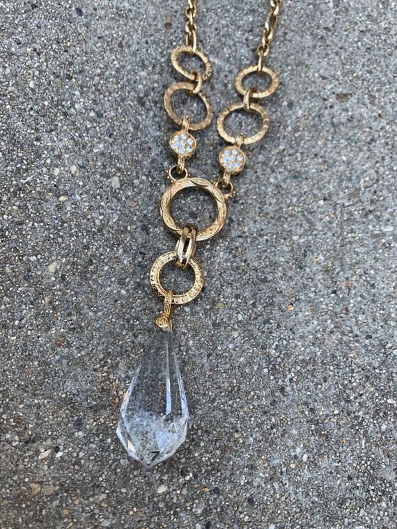Gold Plated Crystal Dangle Pendant Vintage Long Chain Necklace