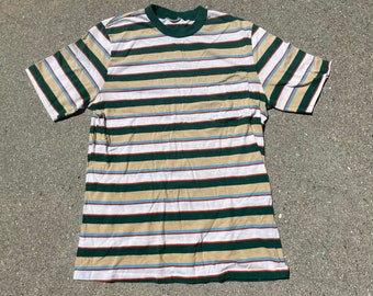 Striped Tan and Green 1970s Retro Made in USA Vintage Tee Shirt