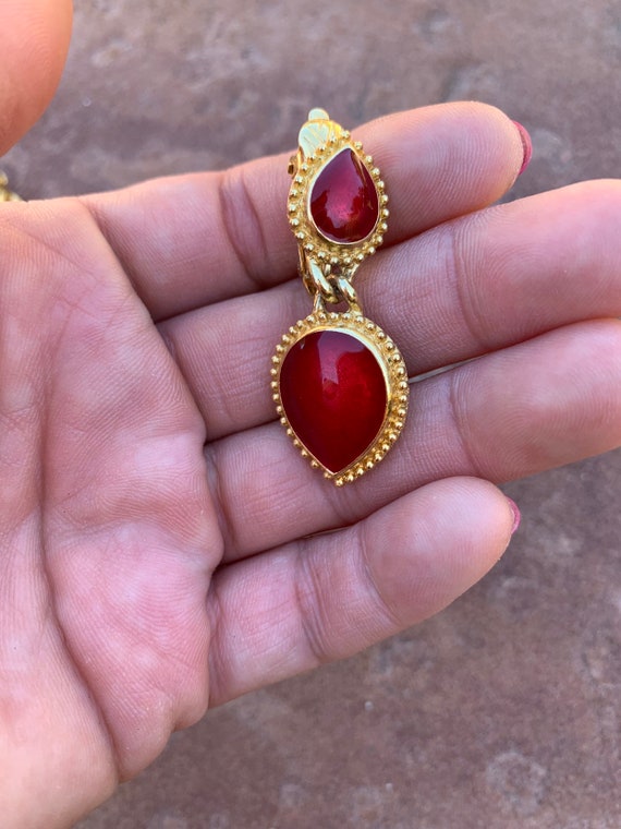 Gold Plated Vintage Trifari Red Spade Drop Earrin… - image 3