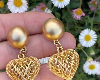 Gold Plated 1990s Vintage Caged Heart Dangle Drop Earrings