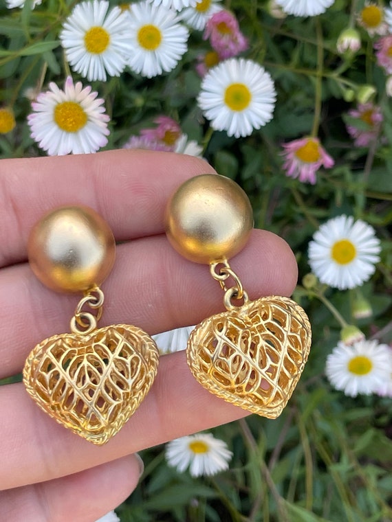 Gold Plated 1990s Vintage Caged Heart Dangle Drop 