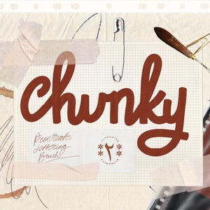 May include: A collage-style design featuring the word "chunky" in a bold, rust-colored script. The image includes a grid-lined paper, tape, a safety pin, and a palette knife. Additional text reads "Procreate Lettering Brush" and a stamp.
