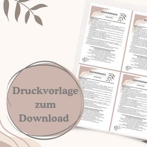 Op de afbeelding: Een digitale downloadprint met vier vellen papier met tekst en decoratieve bladaccenten. De tekst op de vellen is in het Duits. Een cirkelvormige afbeelding met de tekst "Druckvorlage zum Download" staat op de voorgrond.