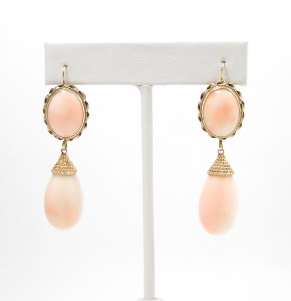 Victorian Revival Angelskin Coral 14k Gold Earrings, 2" Long