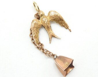 Victorian 10k Gold Bird and Bell Charm; 10k Gold Bird Pendant; Victorian Bird Charm; Victorian Pendant; Charm Necklace; Victorian Charm