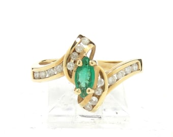 Vintage 14k Gold Emerald and Diamond Bypass Ring, Size 6