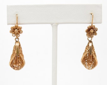 Victorian 14k Gold Earrings; Dangle Earrings; Drop Earrings; Floral Flower Earrings; Etruscan Revival Jewelry; Victorian Earrings; Antique
