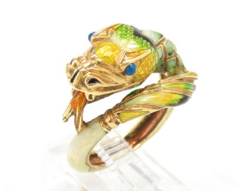 18k Gold Enamel Snake Ring; Vintage Snake Ring; 18k Gold Ring; Vintage Ring; Statement Ring; Snake Jewelry; Retro Snake Ring; Artisan Ring