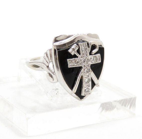 Vintage 10k Gold Onyx and Diamond Ring; Masonic R… - image 3