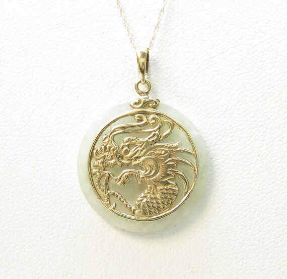 Vintage 14k Gold Jade Dragon Pendant; Natural Jade