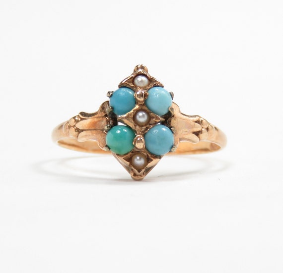 Victorian 10k Gold Turquoise and Pearl Ring; Vict… - image 1