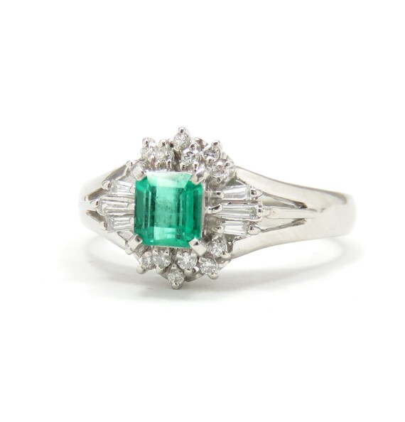 Platinum Emerald and Diamond Engagement Ring; Vin… - image 2