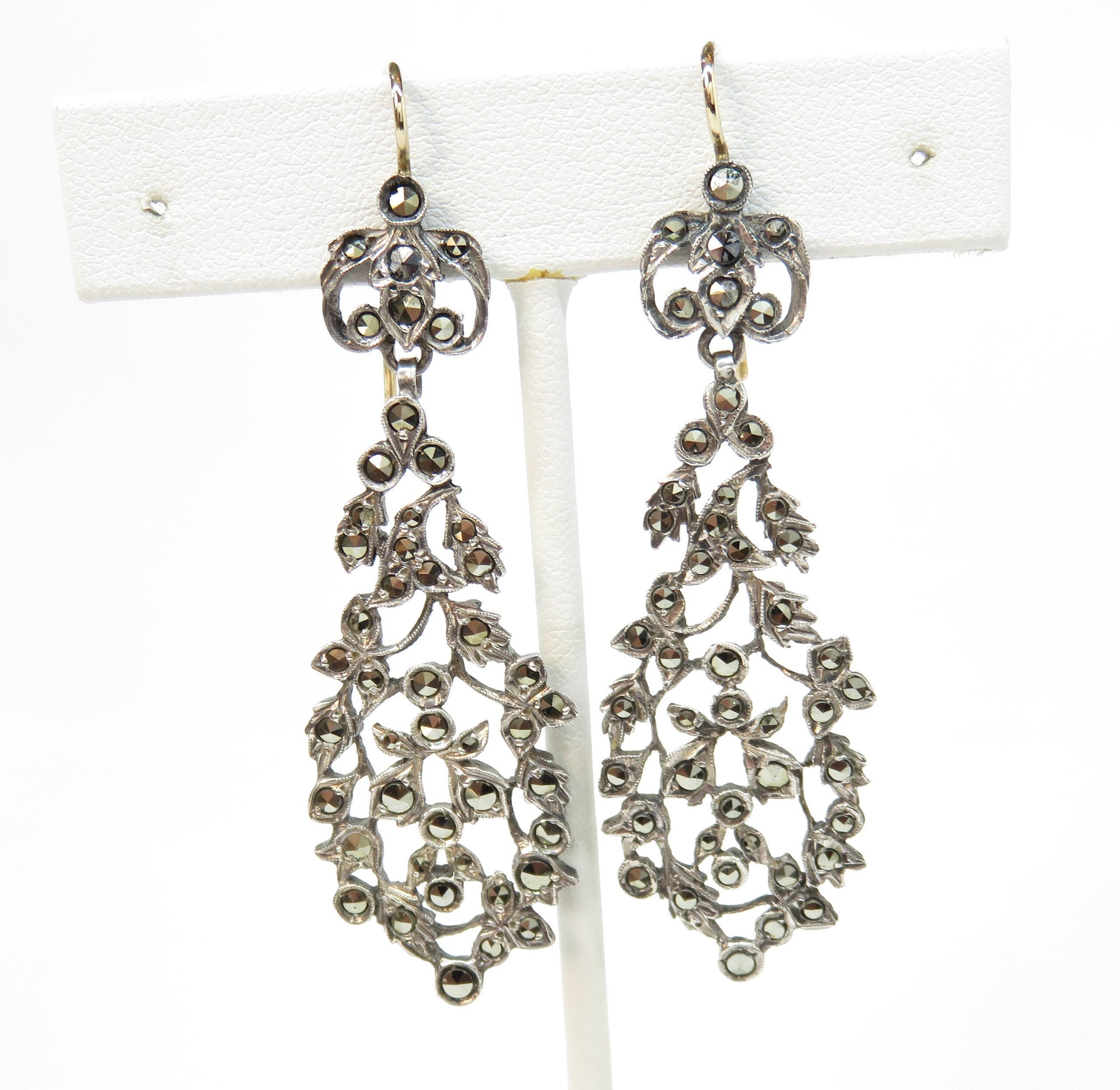Victorian Sterling Silver and Marcasite Drop Earrings Dangle Etsy