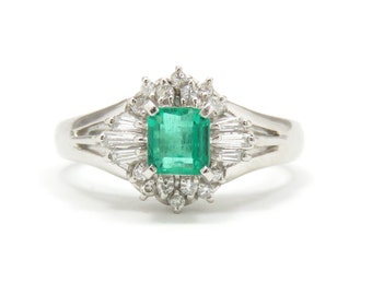 Platinum Emerald and Diamond Engagement Ring; Vintage Emerald Ring; Vintage Diamond Ring; Statement Ring; Green Gemstone; May Birthstone