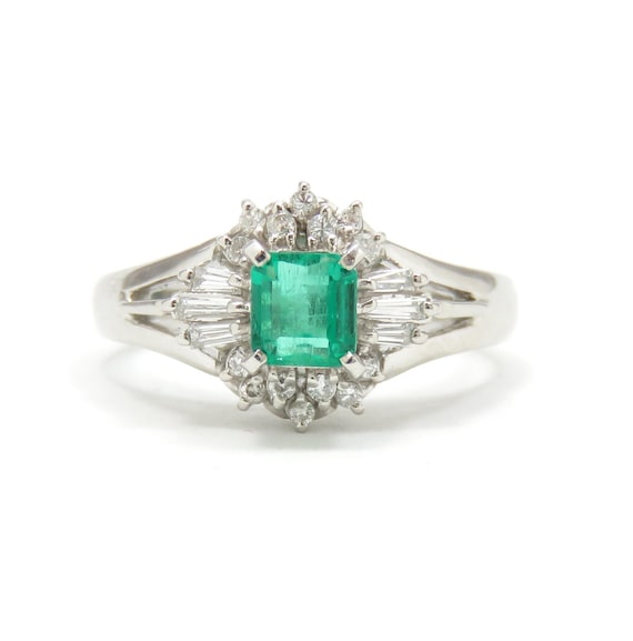 Platinum Emerald and Diamond Engagement Ring; Vin… - image 1
