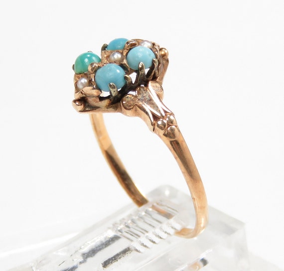 Victorian 10k Gold Turquoise and Pearl Ring; Vict… - image 4